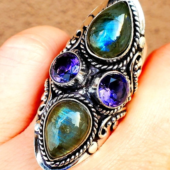 New Huge Labradorite & Amethyst 925 Silver Statement Ring. - Picture 1 of 10